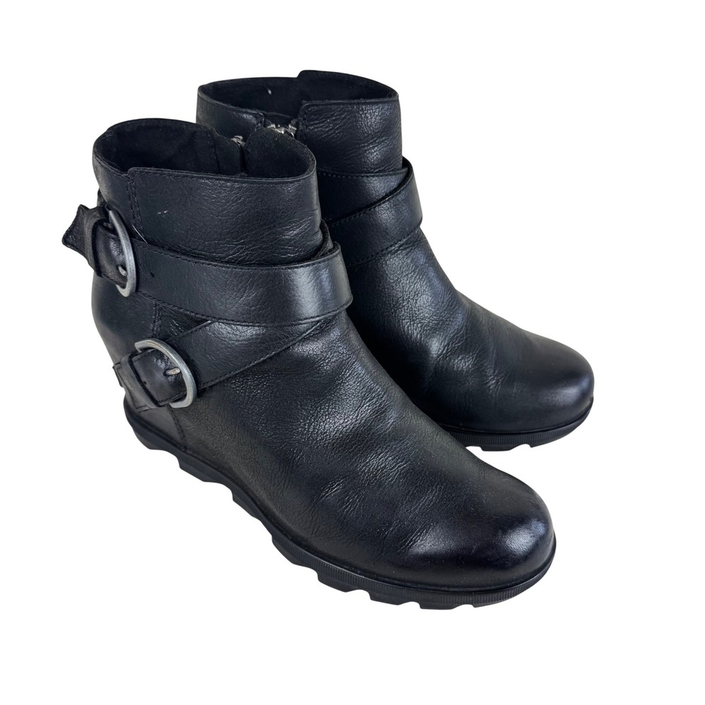 Sorel Joan Of Arctic Wedge Black II Leather Waterproof Ankle Boots Buckle Zip 10